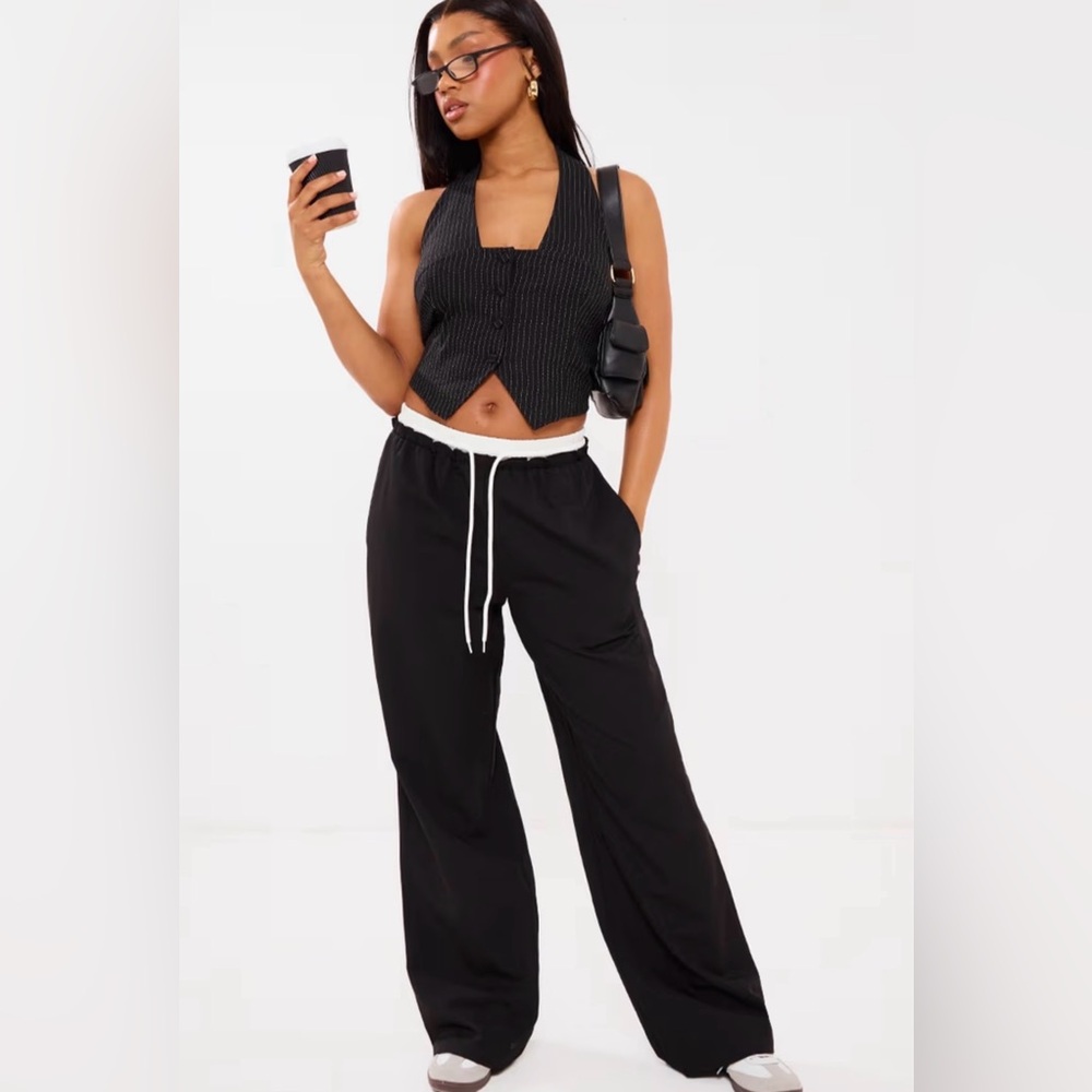 Black Women's Boxer Detail Drawstring Waist Wide-Leg Yoga Pants
